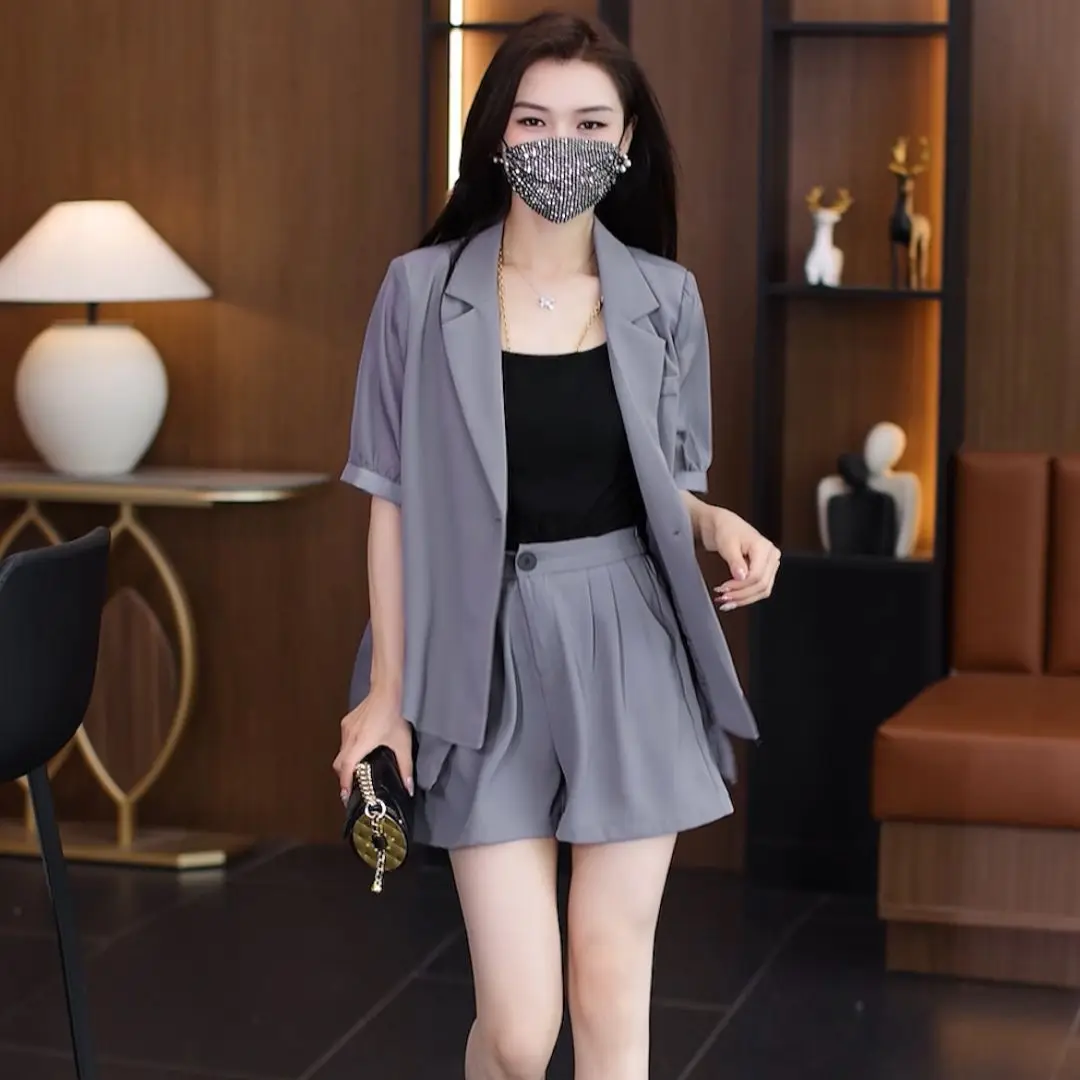 Women's Summer Fashion Thin Professional Suit Matching Set 2025 Korean Elegant Casual Short Sleeved Blazers+shorts Two-piece thumbnail 5