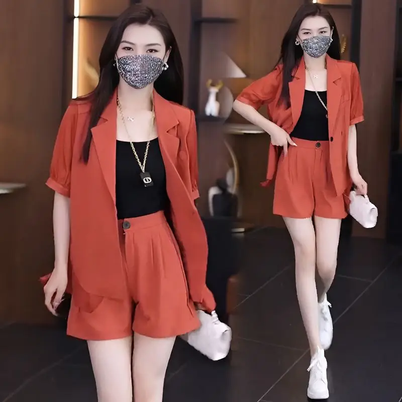 Women's Summer Fashion Thin Professional Suit Matching Set 2025 Korean Elegant Casual Short Sleeved Blazers+shorts Two-piece thumbnail 4