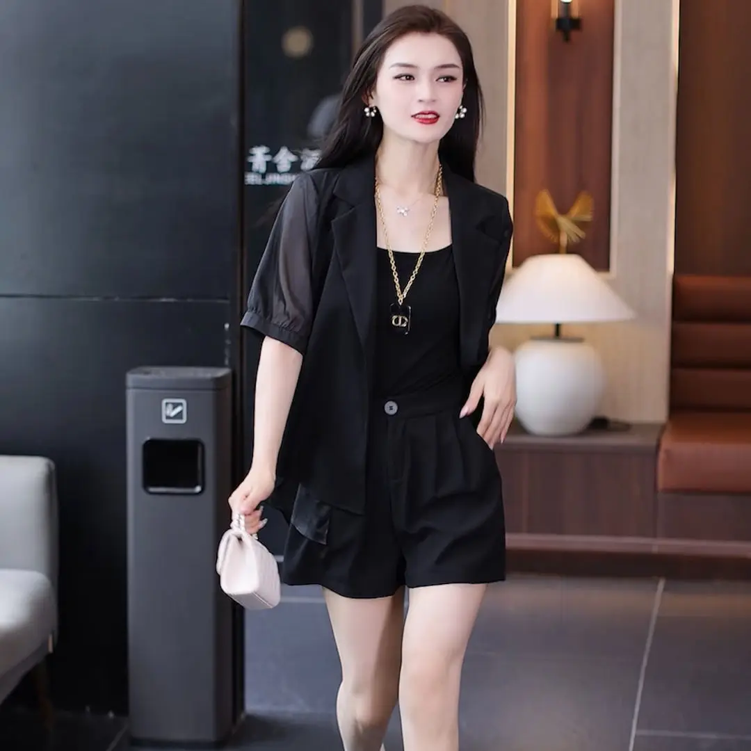 Women's Summer Fashion Thin Professional Suit Matching Set 2025 Korean Elegant Casual Short Sleeved Blazers+shorts Two-piece thumbnail 6