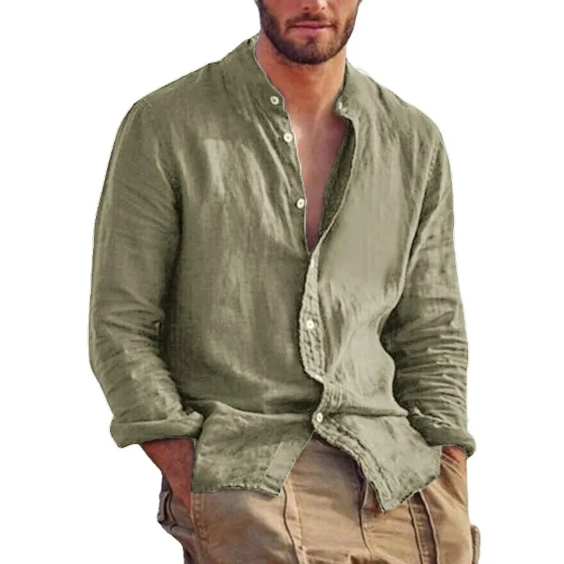 Sweatwear Men's Long Sleeve Shirt Linen Solid Color Shirts Trend Stand Collar Casual Lightweight Breathable Tops Hawaiian Shirt thumbnail 4