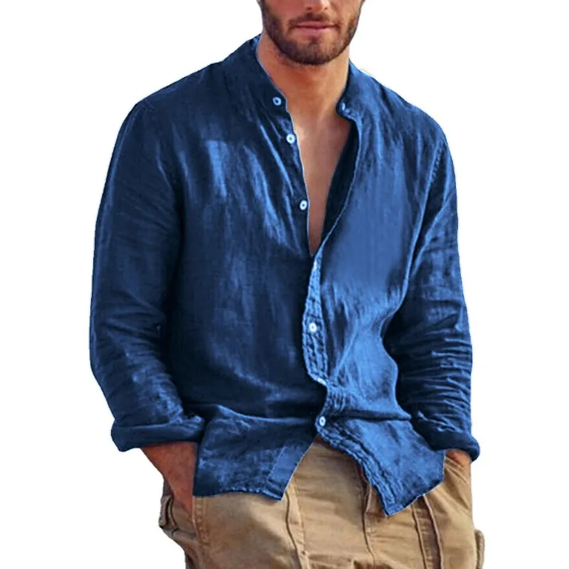Sweatwear Men's Long Sleeve Shirt Linen Solid Color Shirts Trend Stand Collar Casual Lightweight Breathable Tops Hawaiian Shirt thumbnail 5