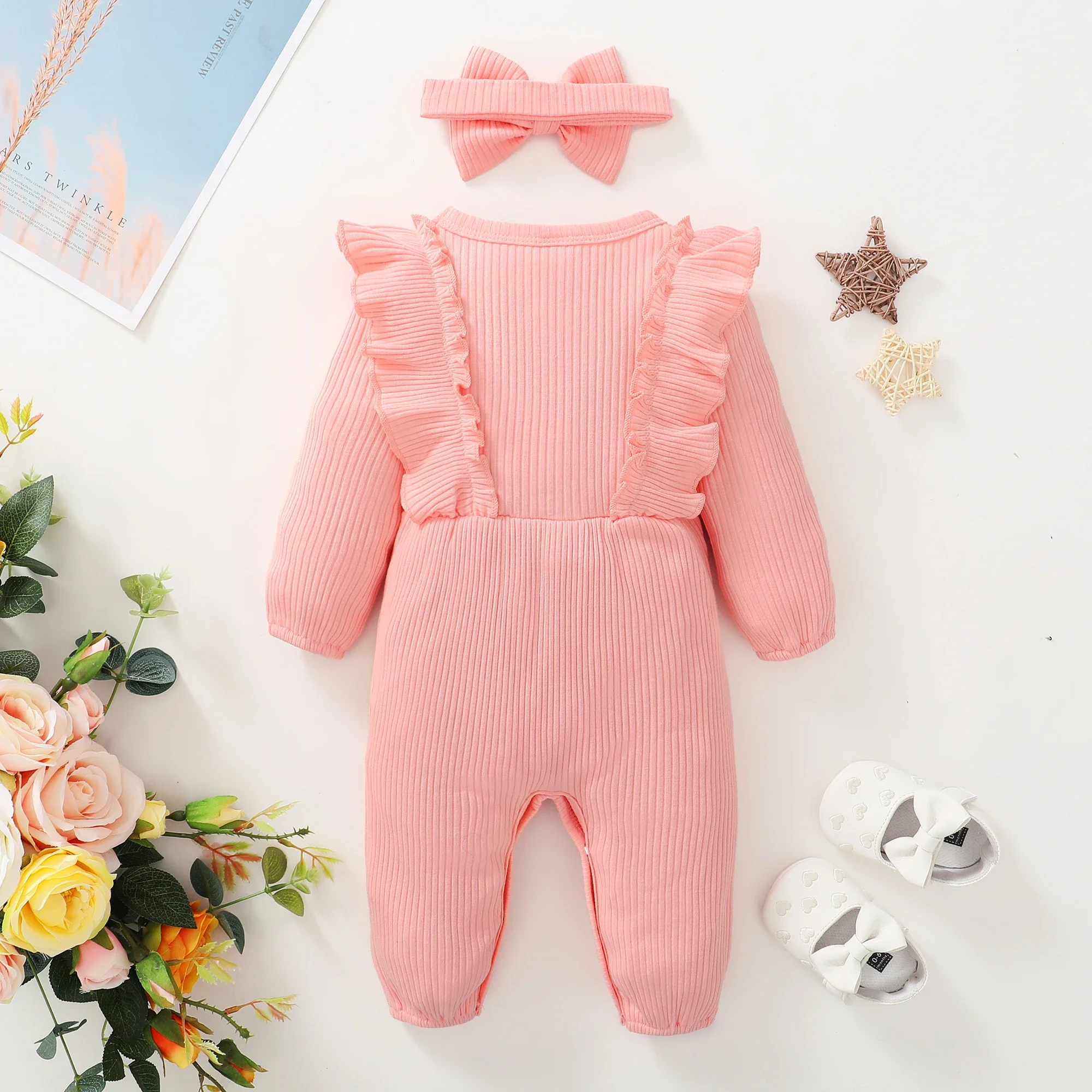 Newborn Baby Girl Romper Long Sleeved Ruffle Bodysuit with Headband Autumn & Winter Onesie Outfit Clothing for Baby 0-18 Months thumbnail 6