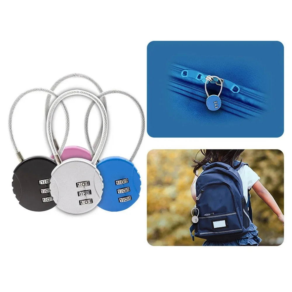 Round Steel Wire Rope Combination Lock for Luggage, Bags, Backpacks, Handle Cases, Mini Three-digit Combination Padlock thumbnail 3