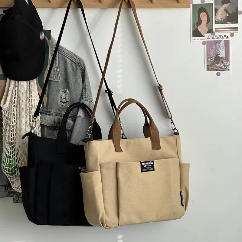 Urban Minimalist Female Student Large Capacity Commuting Horizontal Canvas Single Shoulder Diagonal Cross Portable Tote Bag thumbnail 6