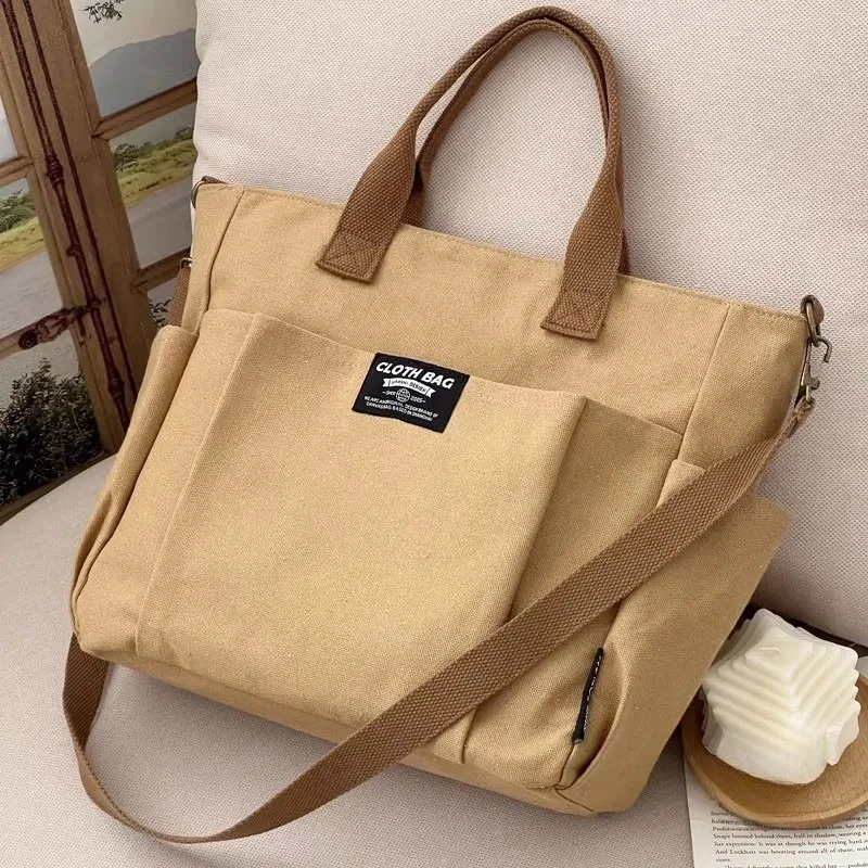 Urban Minimalist Female Student Large Capacity Commuting Horizontal Canvas Single Shoulder Diagonal Cross Portable Tote Bag thumbnail 2