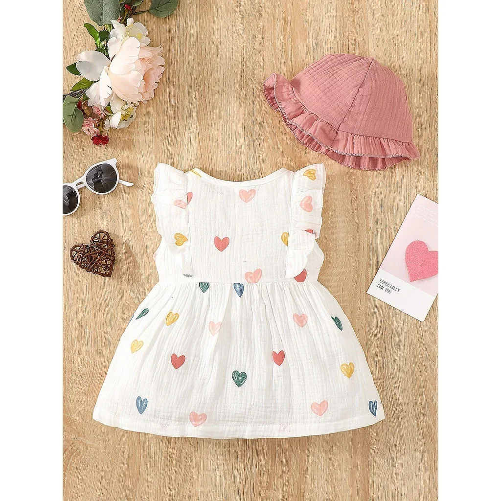 2PCS Dress Clothes Set Newborn Baby Girl Love Print Sleeveless Dress With Hat Summer Fashion Cute Wear for Infant Girl 0-9Months thumbnail 2