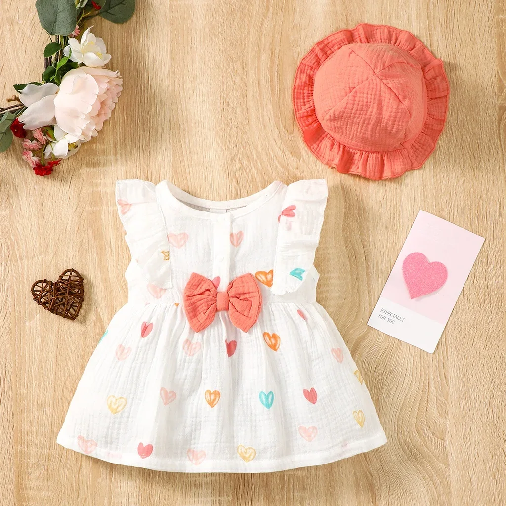 2PCS Dress Clothes Set Newborn Baby Girl Love Print Sleeveless Dress With Hat Summer Fashion Cute Wear for Infant Girl 0-9Months thumbnail 3