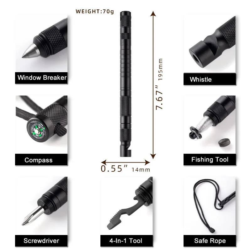 10-IN-1 Multi Function Portable Self Defense Pen Outdoor Survival Tool Fishing Whistle/Compass/Wrench/Screwdriver/Window Breaker thumbnail 5