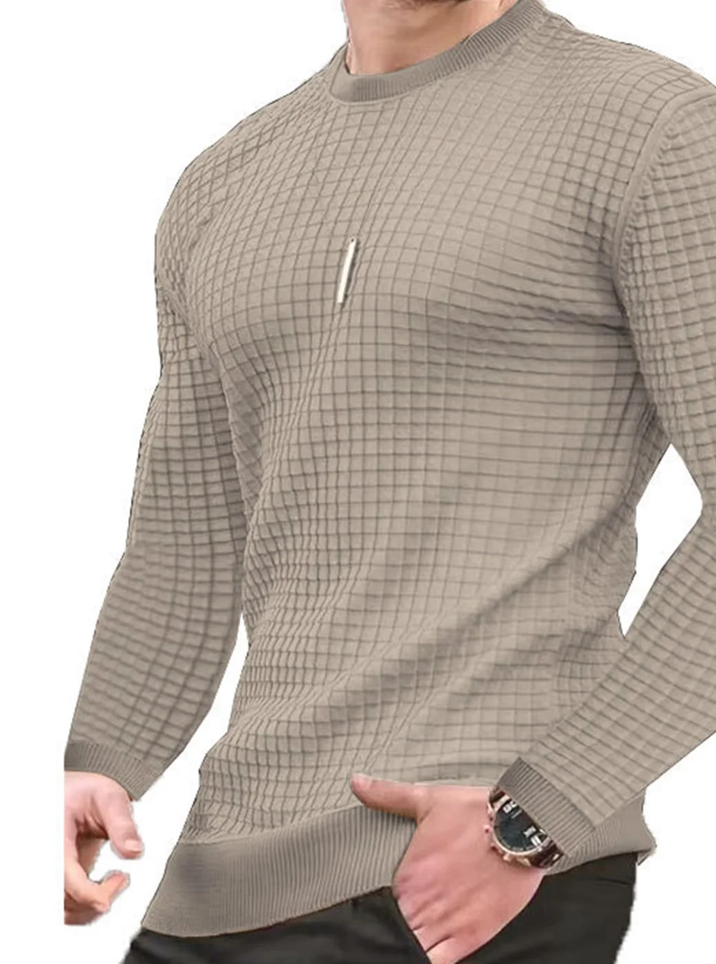Men's coat fashion small check Waffle youth round neck jacquard check hoodie thumbnail 4