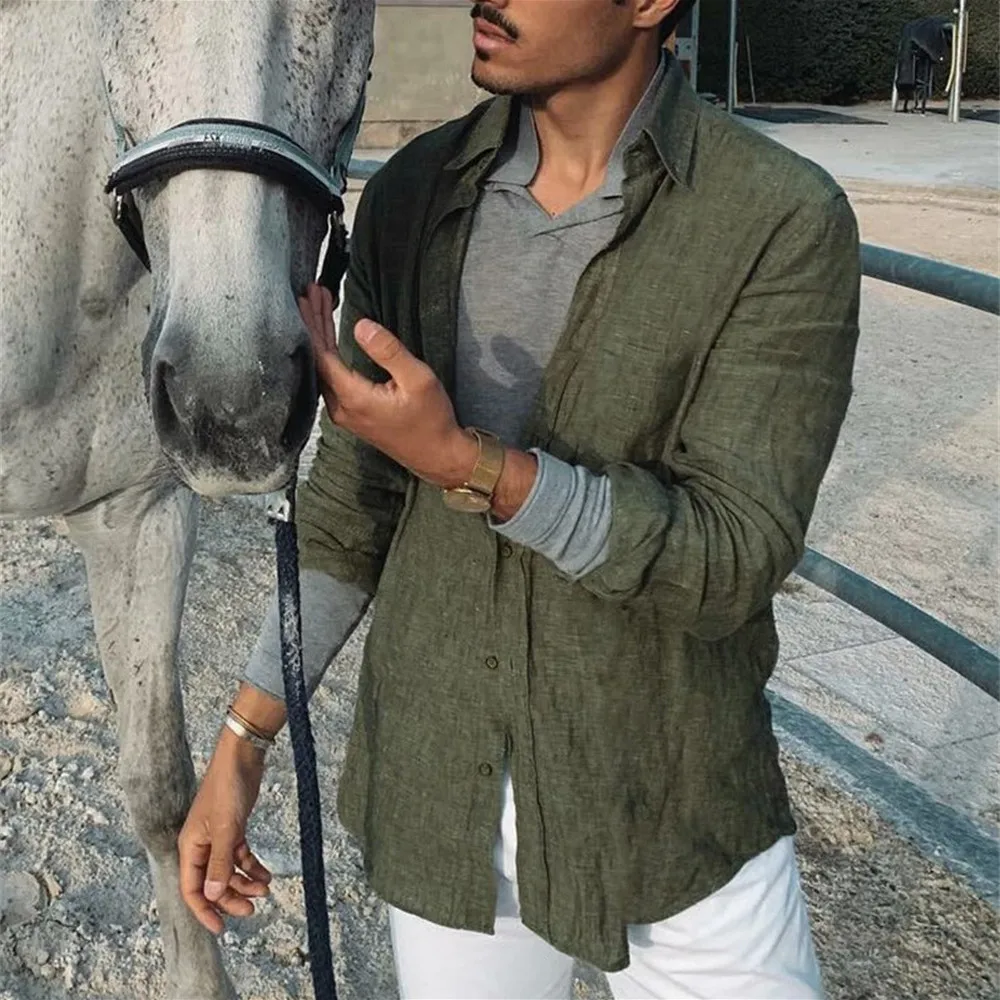 2024 Summer Men'S Casual Cotton Linen Shirt Long Sleeve Loose Blouse Button Breathable Top For Men thumbnail 2
