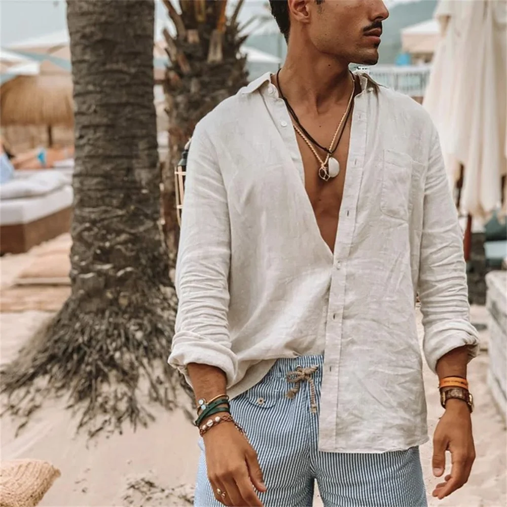 2024 Summer Men'S Casual Cotton Linen Shirt Long Sleeve Loose Blouse Button Breathable Top For Men thumbnail 4