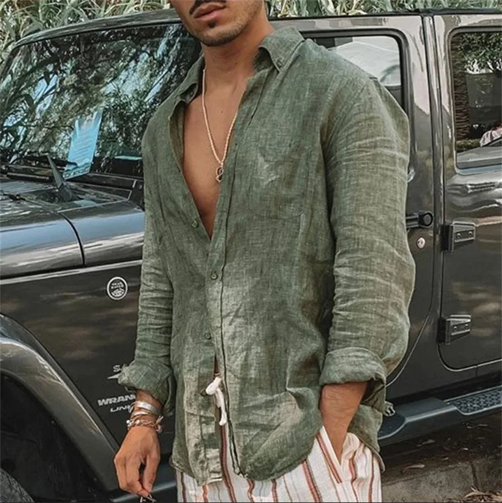 2024 Summer Men'S Casual Cotton Linen Shirt Long Sleeve Loose Blouse Button Breathable Top For Men thumbnail 6
