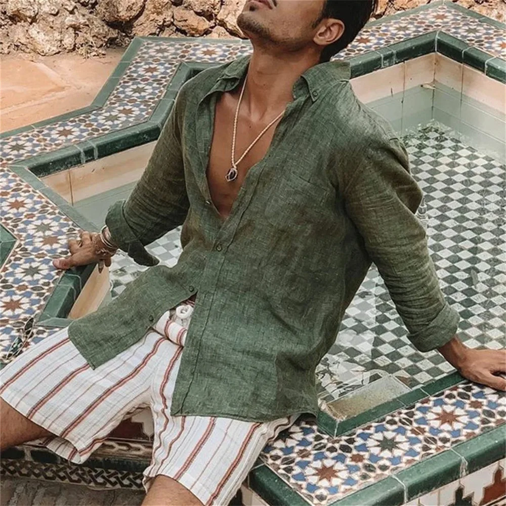 2024 Summer Men'S Casual Cotton Linen Shirt Long Sleeve Loose Blouse Button Breathable Top For Men thumbnail 3
