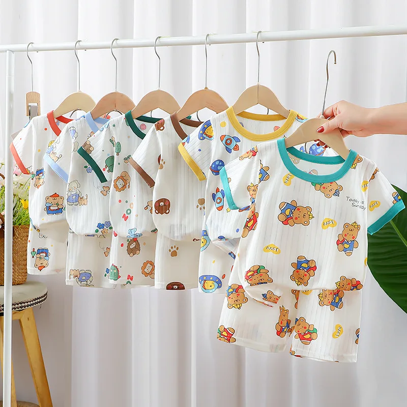 Children's Clothing Summer Short Sleeve Home Sleepwear Children Sets Kids Clothes Boy Girl T-shirt shorts Cotton Suit Baby thumbnail 3