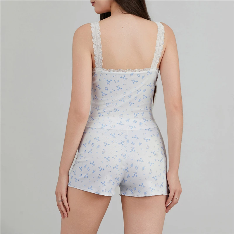 Women's Sleepwear Sexy Lace Trim Pajama Sets Nightwear Sleeveless Tops+Shorts 2Pcs Sets Pyjama Sets for Women Pijama Night Suit thumbnail 5