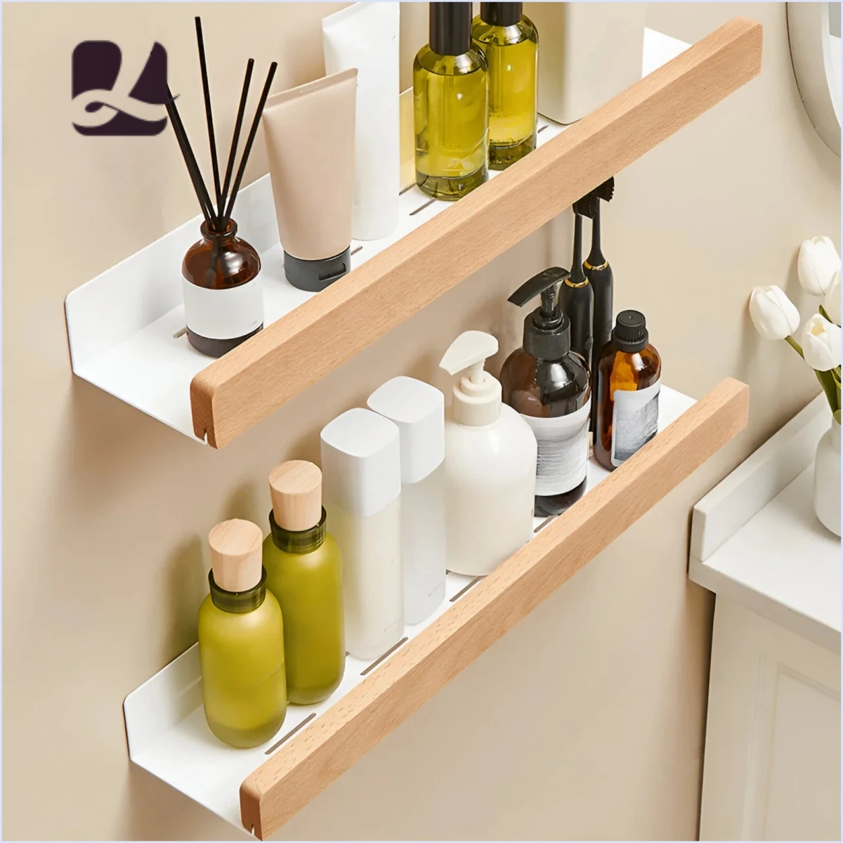 Beech woodbathroom shelf，Wall-Mounted Punch Storage Holders Racks, living room no-hole punching Storage Shelves，shelves for wall