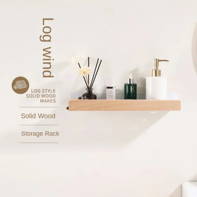 Beech woodbathroom shelf，Wall-Mounted Punch Storage Holders Racks, living room no-hole punching Storage Shelves，shelves for wall thumbnail 3