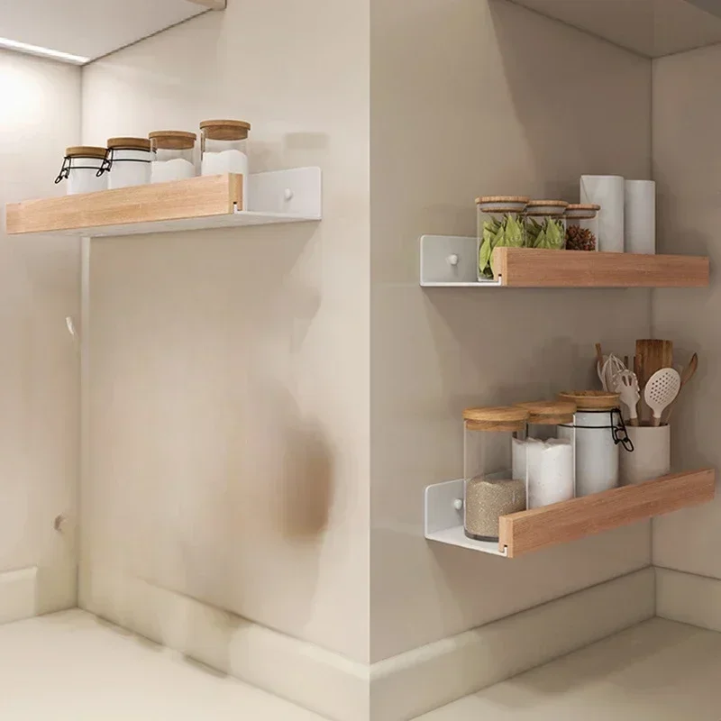Beech woodbathroom shelf，Wall-Mounted Punch Storage Holders Racks, living room no-hole punching Storage Shelves，shelves for wall thumbnail 4
