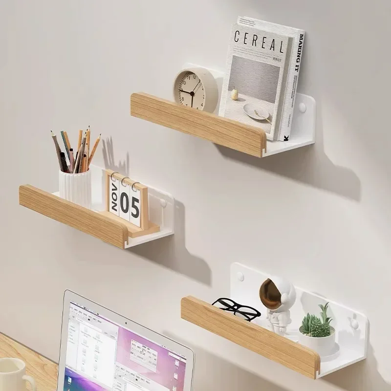 Beech woodbathroom shelf，Wall-Mounted Punch Storage Holders Racks, living room no-hole punching Storage Shelves，shelves for wall thumbnail 2