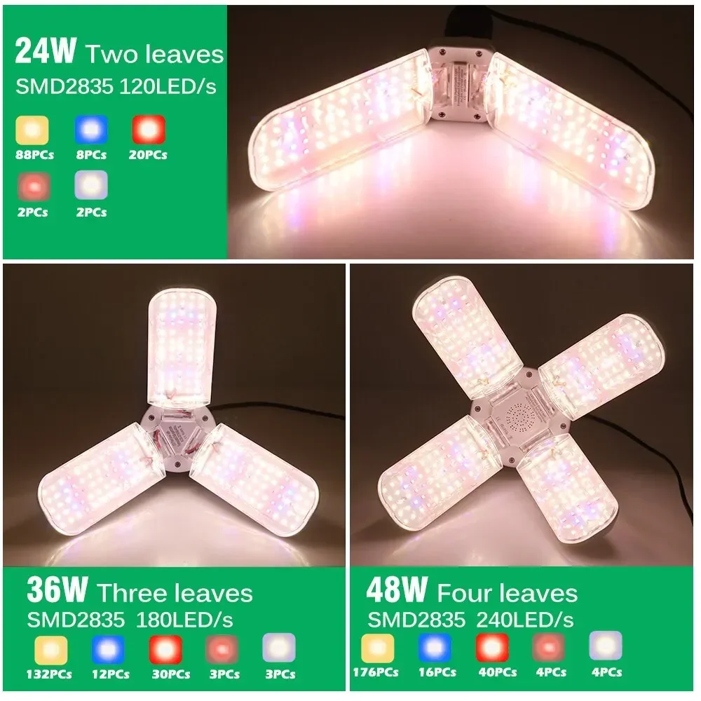 E27 Full Spectrum Grow Light 24W 36W 48W LED Foldable Phyto Lamp SMD2835 Bulb Indoor Plants Bloom Flowering Grow Lamp Garden thumbnail 2