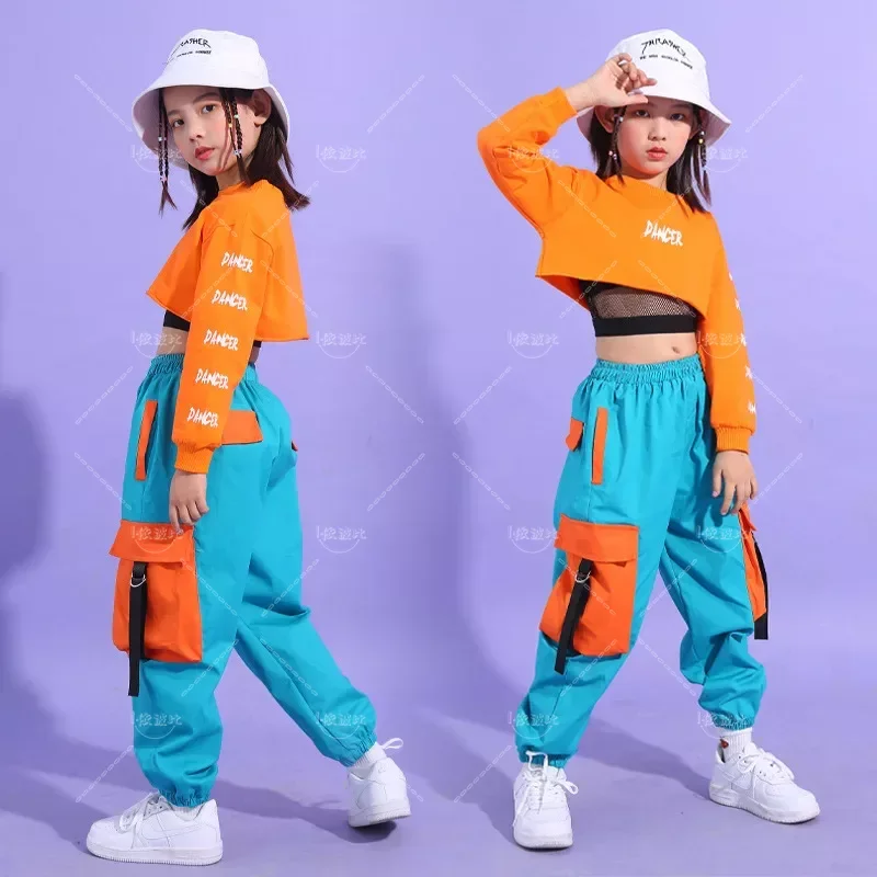 Hip Hop Girls Crop Top contrast Cargo Pants Child Jazz Joggers Streetwear Sweatshirt Kids Street Dance Cheerleader Clothes Sets thumbnail 2
