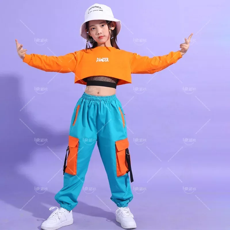 Hip Hop Girls Crop Top contrast Cargo Pants Child Jazz Joggers Streetwear Sweatshirt Kids Street Dance Cheerleader Clothes Sets thumbnail 4