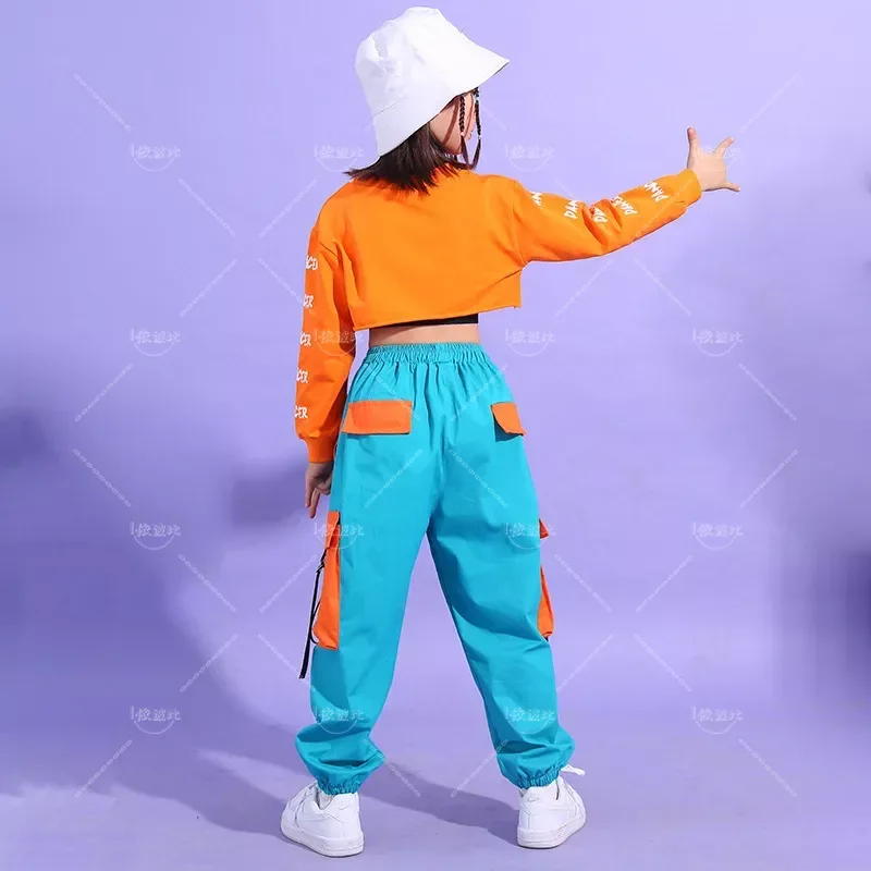 Hip Hop Girls Crop Top contrast Cargo Pants Child Jazz Joggers Streetwear Sweatshirt Kids Street Dance Cheerleader Clothes Sets thumbnail 3
