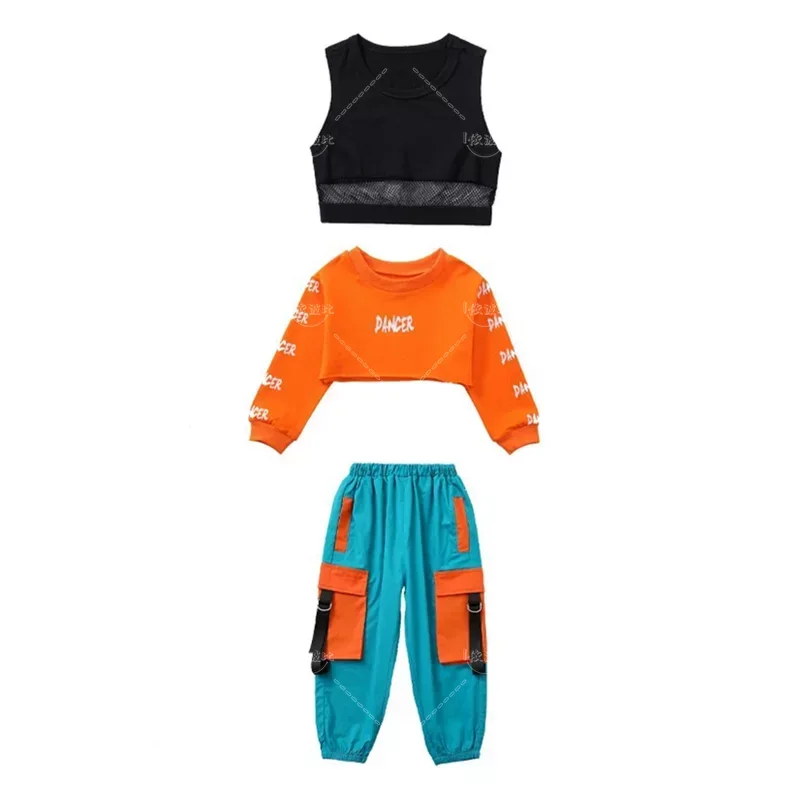 Hip Hop Girls Crop Top contrast Cargo Pants Child Jazz Joggers Streetwear Sweatshirt Kids Street Dance Cheerleader Clothes Sets thumbnail 5