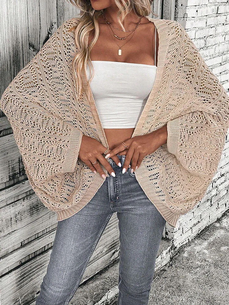 Polyester 100.00% solid color camisole knit cardigan elegant front open bat wing sleeve loose cardigan for women thumbnail 3