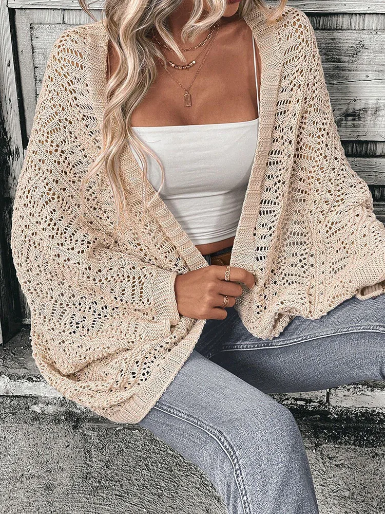 Polyester 100.00% solid color camisole knit cardigan elegant front open bat wing sleeve loose cardigan for women thumbnail 6