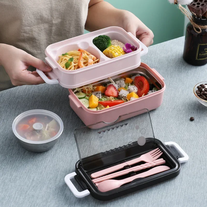 2 Layers Lunch Box Stainless Steel Microwave Heating Lunch Container Food Storage Box Bento Box For School Kids Office Worker thumbnail 2
