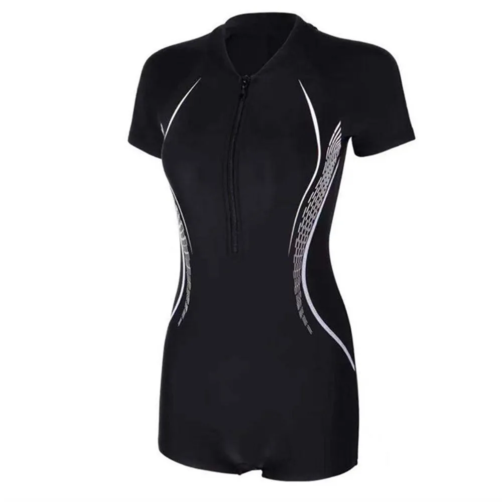 Short Sleeve Sports Swimwear Soft Quick-Drying One Piece Sports Swimsuit Zipper Bathing Suits Women thumbnail 2