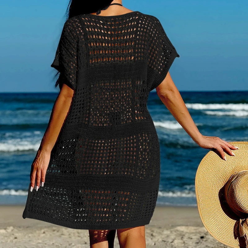 Knitting V-Neck Sexy Hollow Out Beach Bikini Cover-Ups Ladies Summer Vacation Casual Loose Beachwear Sunscreen Smock thumbnail 2