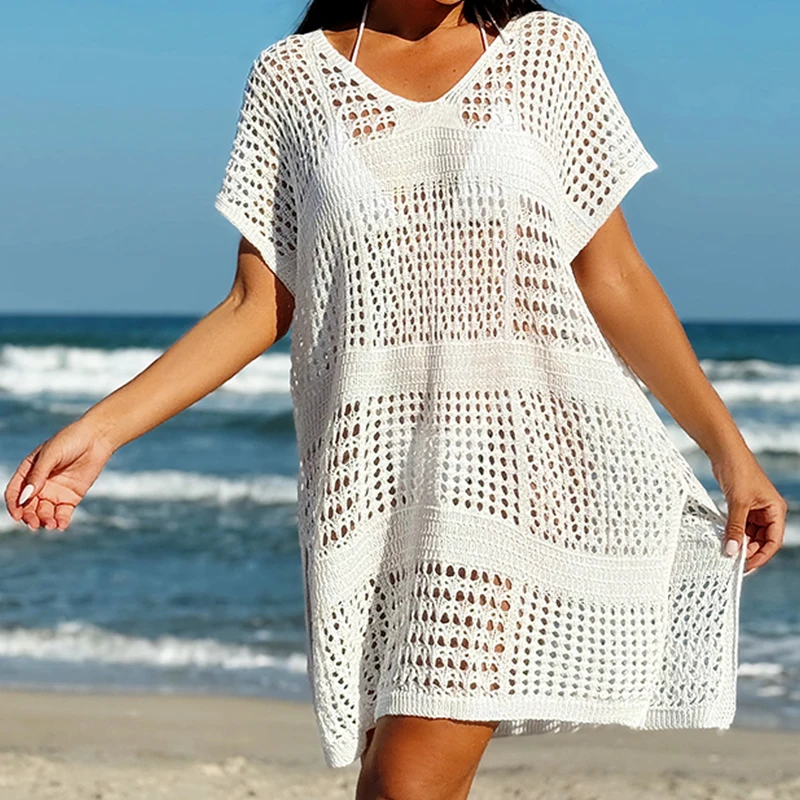 Knitting V-Neck Sexy Hollow Out Beach Bikini Cover-Ups Ladies Summer Vacation Casual Loose Beachwear Sunscreen Smock thumbnail 3