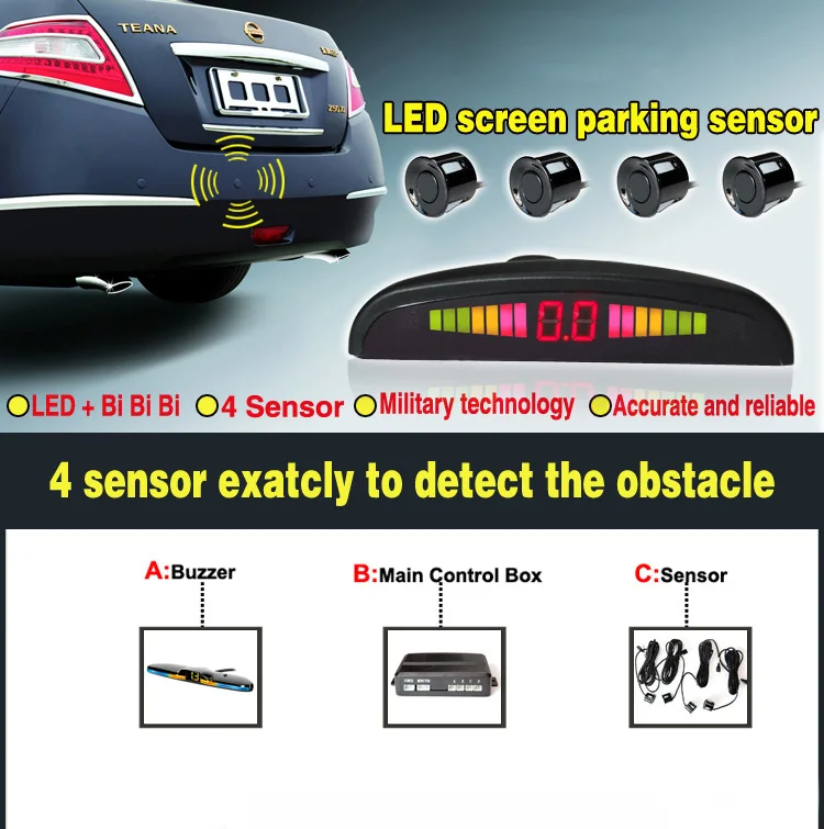 New LED Parking Sensor System Backlight Parktronic Monitor Display Kit Backup Detector Assistant 4 Probes thumbnail 3