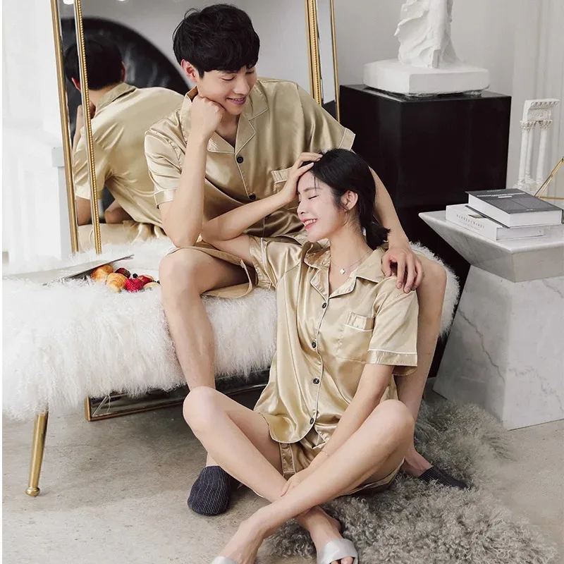Solid Color Sleepwear Silk Satin Pajamas Couple Set Short-sleeved Pyjamas Suit Pijama Women Men Loungewear Plus Size Pj Set thumbnail 3