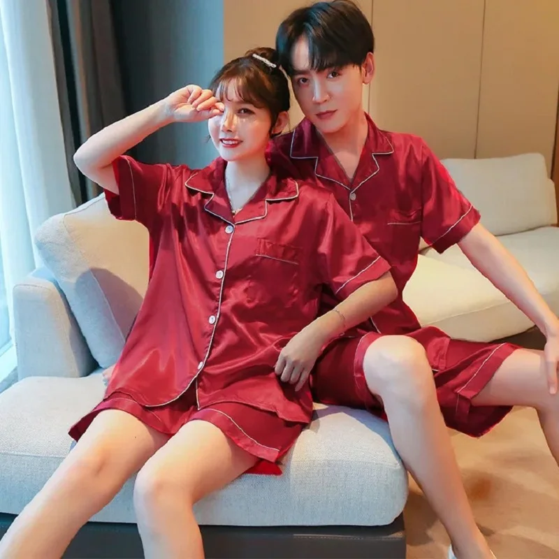 Solid Color Sleepwear Silk Satin Pajamas Couple Set Short-sleeved Pyjamas Suit Pijama Women Men Loungewear Plus Size Pj Set thumbnail 2