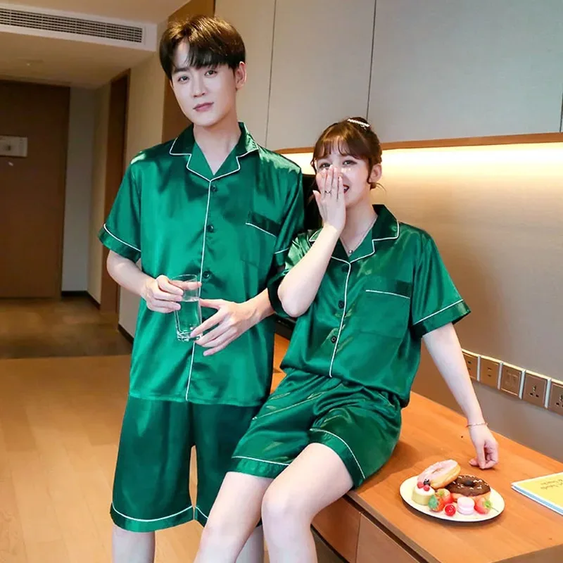 Solid Color Sleepwear Silk Satin Pajamas Couple Set Short-sleeved Pyjamas Suit Pijama Women Men Loungewear Plus Size Pj Set thumbnail 6