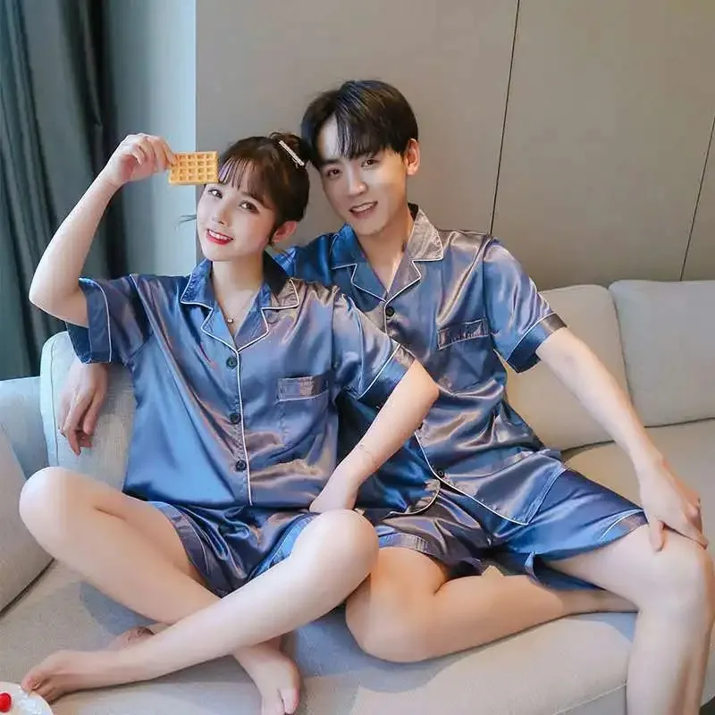 Solid Color Sleepwear Silk Satin Pajamas Couple Set Short-sleeved Pyjamas Suit Pijama Women Men Loungewear Plus Size Pj Set thumbnail 4