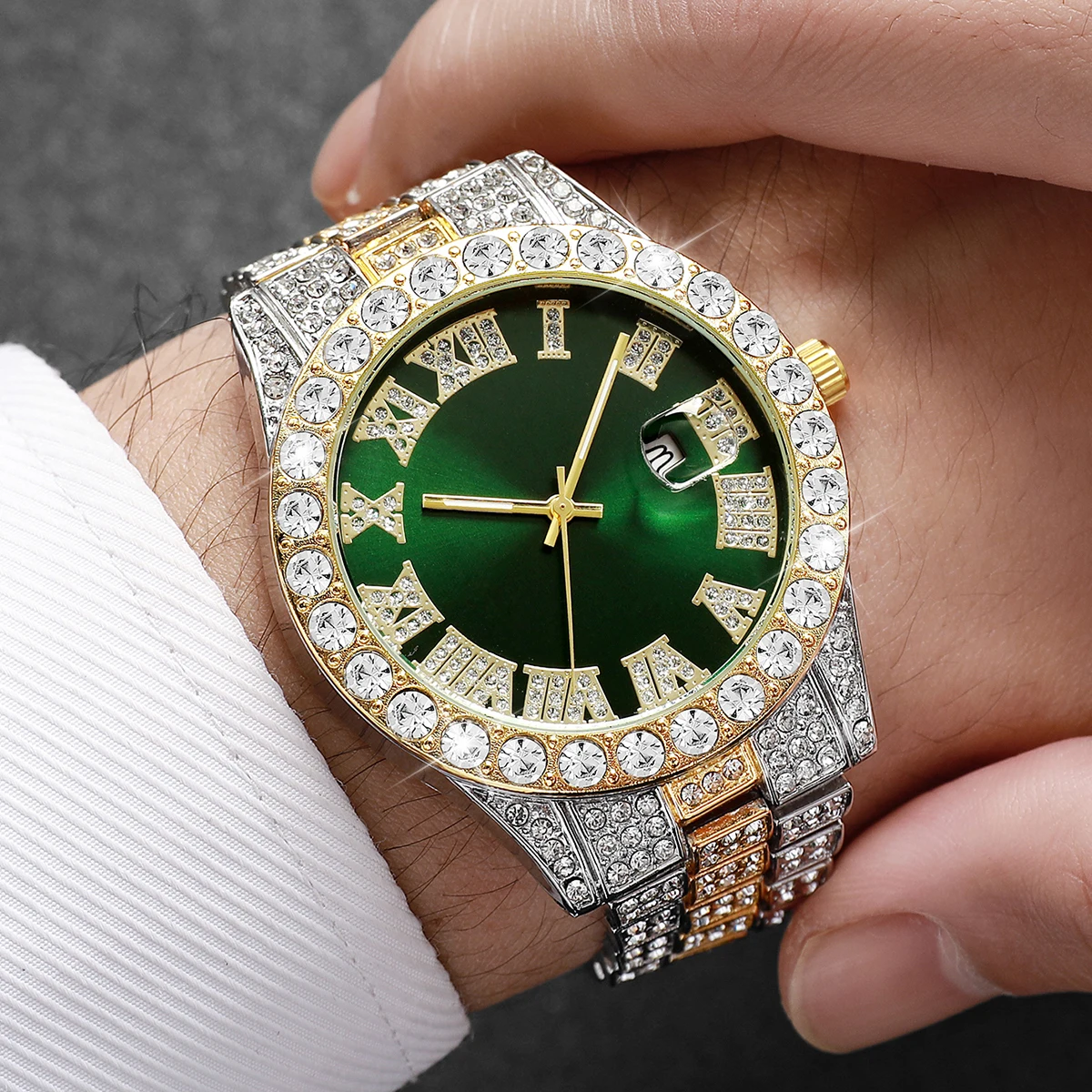 Luxury Full Diamond Men Calendar Quartz Watch Fashion Stainless Steel Band Male Quartz Wristwatches Date Clock Reloj Hombre thumbnail 2