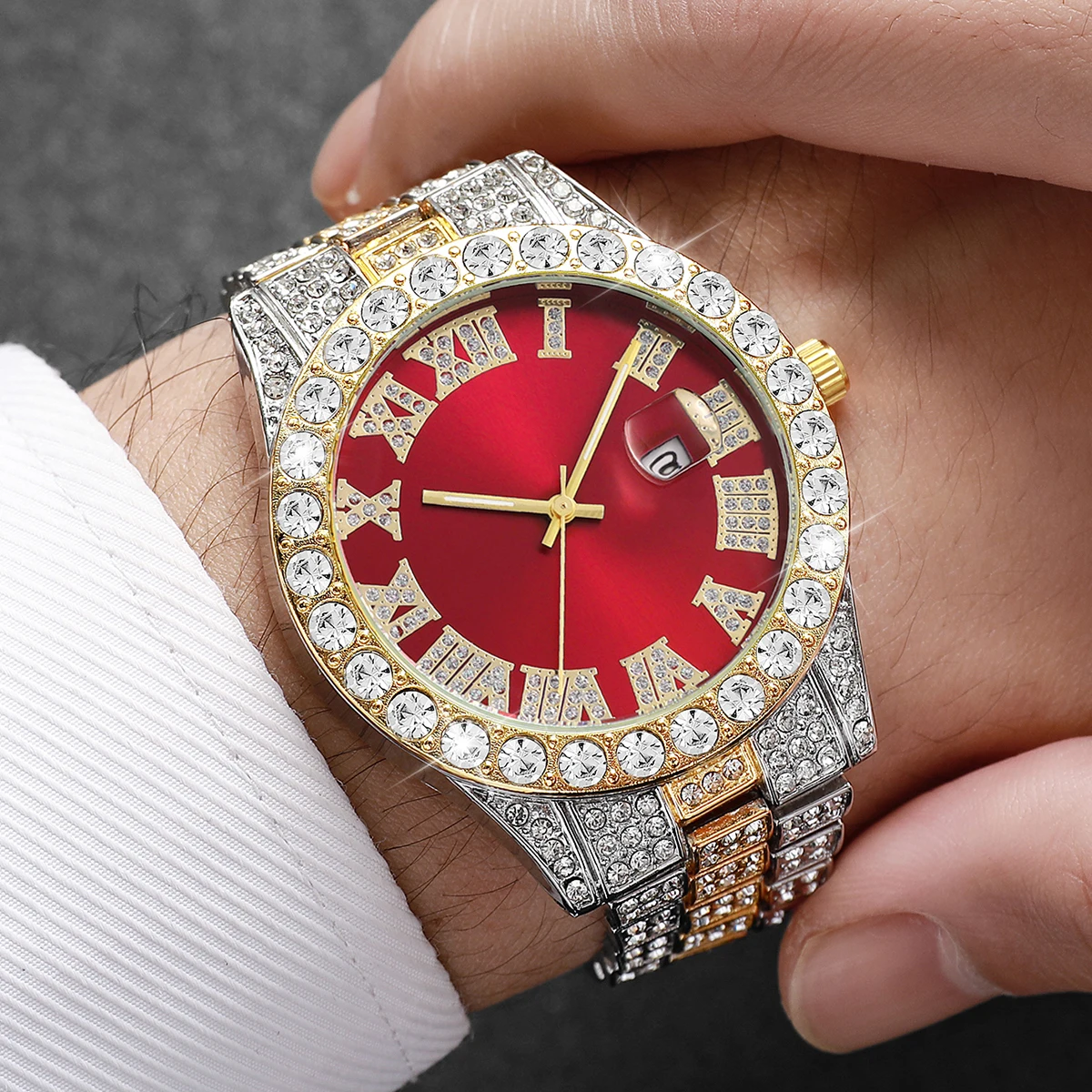 Luxury Full Diamond Men Calendar Quartz Watch Fashion Stainless Steel Band Male Quartz Wristwatches Date Clock Reloj Hombre thumbnail 4