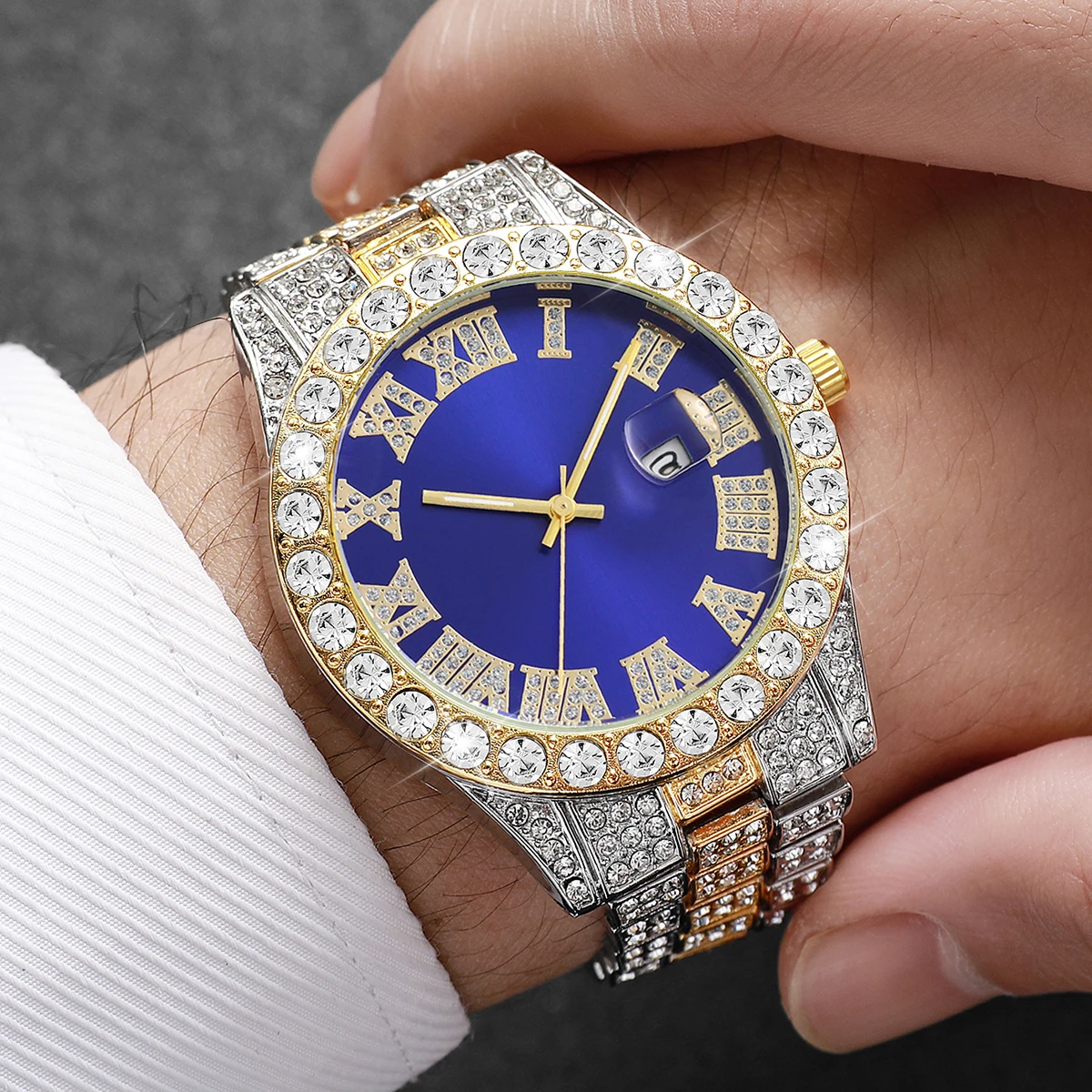 Luxury Full Diamond Men Calendar Quartz Watch Fashion Stainless Steel Band Male Quartz Wristwatches Date Clock Reloj Hombre thumbnail 3