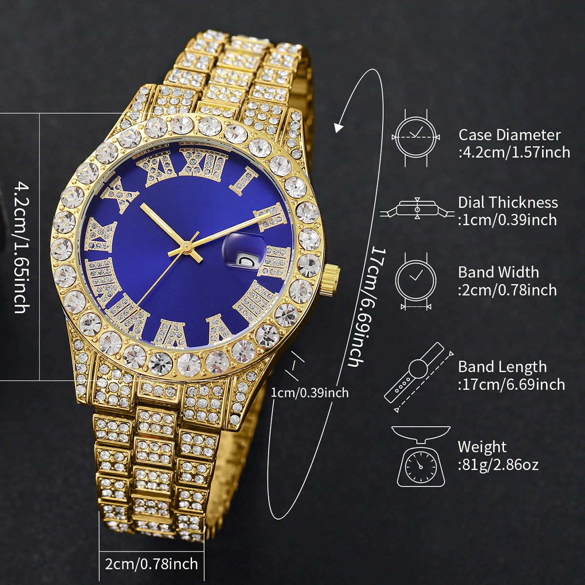 Luxury Full Diamond Men Calendar Quartz Watch Fashion Stainless Steel Band Male Quartz Wristwatches Date Clock Reloj Hombre thumbnail 6