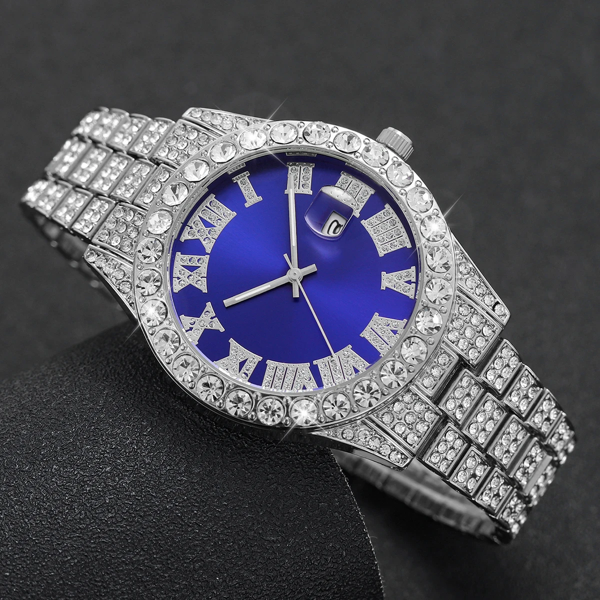 Luxury Full Diamond Men Calendar Quartz Watch Fashion Stainless Steel Band Male Quartz Wristwatches Date Clock Reloj Hombre thumbnail 5