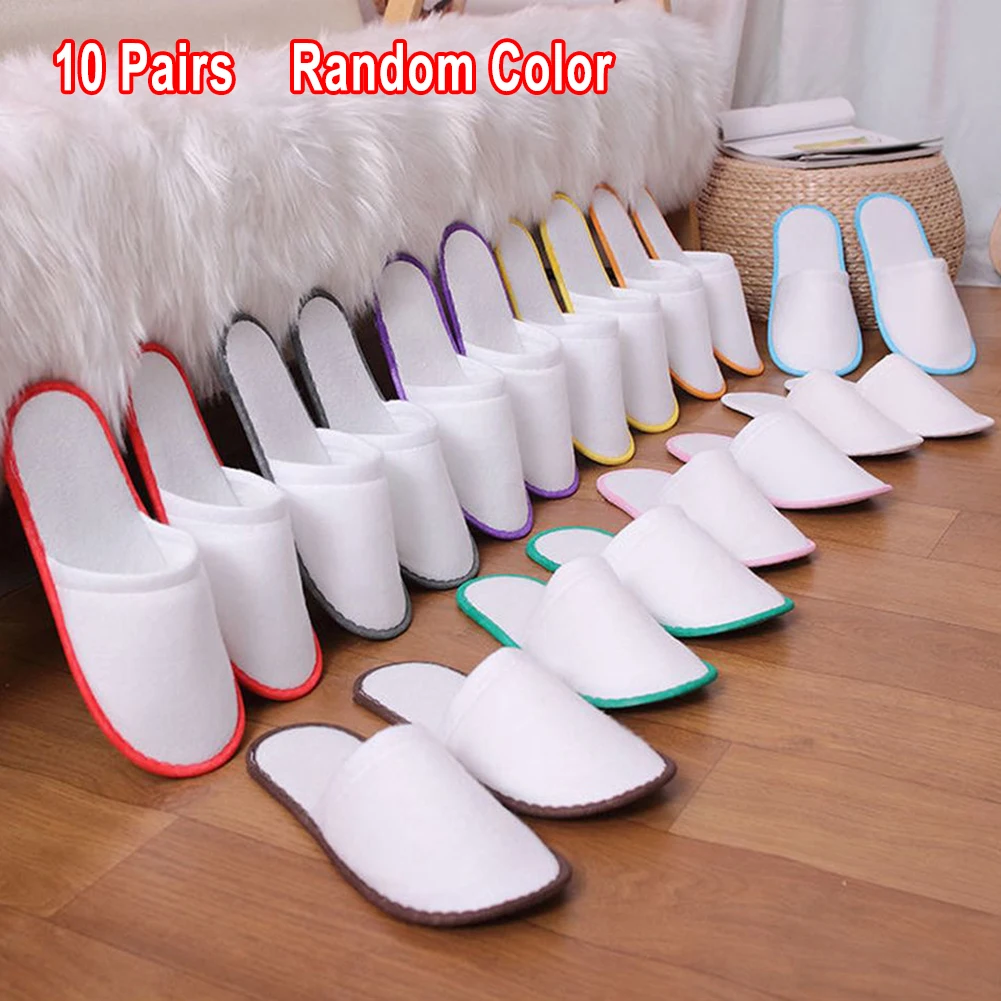 10Pair Lot Hotel Slippers Men Womens random color Velvet Travel Disposable Cotton Home Hospitality Shoes Cheap SPA Guest Slides thumbnail 2