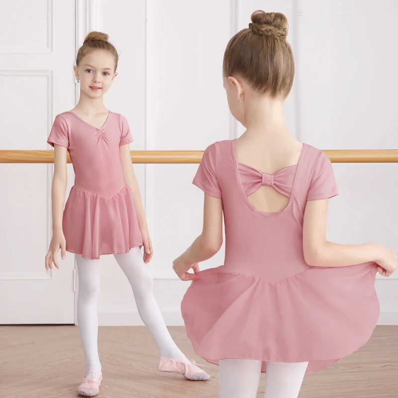 Ballet Dress Gymnastics Leotards for Girls Kids Short Sleeve Ballet Chiffon Skirted Leotards Bowknot Dancewear Ballet Bodysuits thumbnail 5