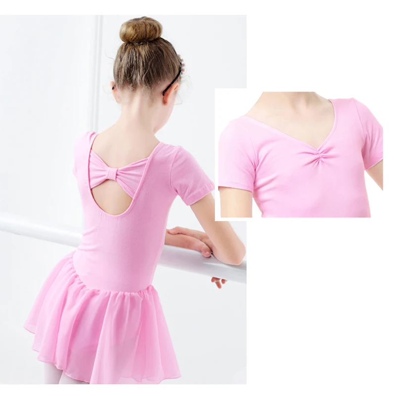 Ballet Dress Gymnastics Leotards for Girls Kids Short Sleeve Ballet Chiffon Skirted Leotards Bowknot Dancewear Ballet Bodysuits thumbnail 3