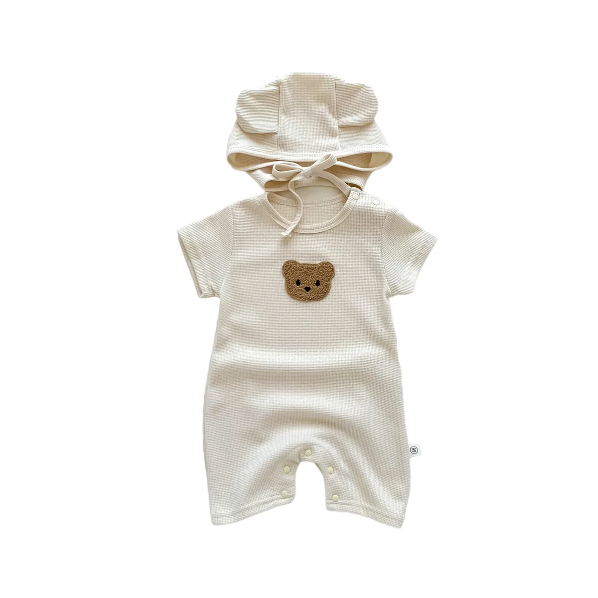 New In Summer Kids Baby Girls Boys Short Sleeve Waffle Patch Bear Infant Newborn Jumpsuits Cotton Romper Gift Hat with Ear thumbnail 6