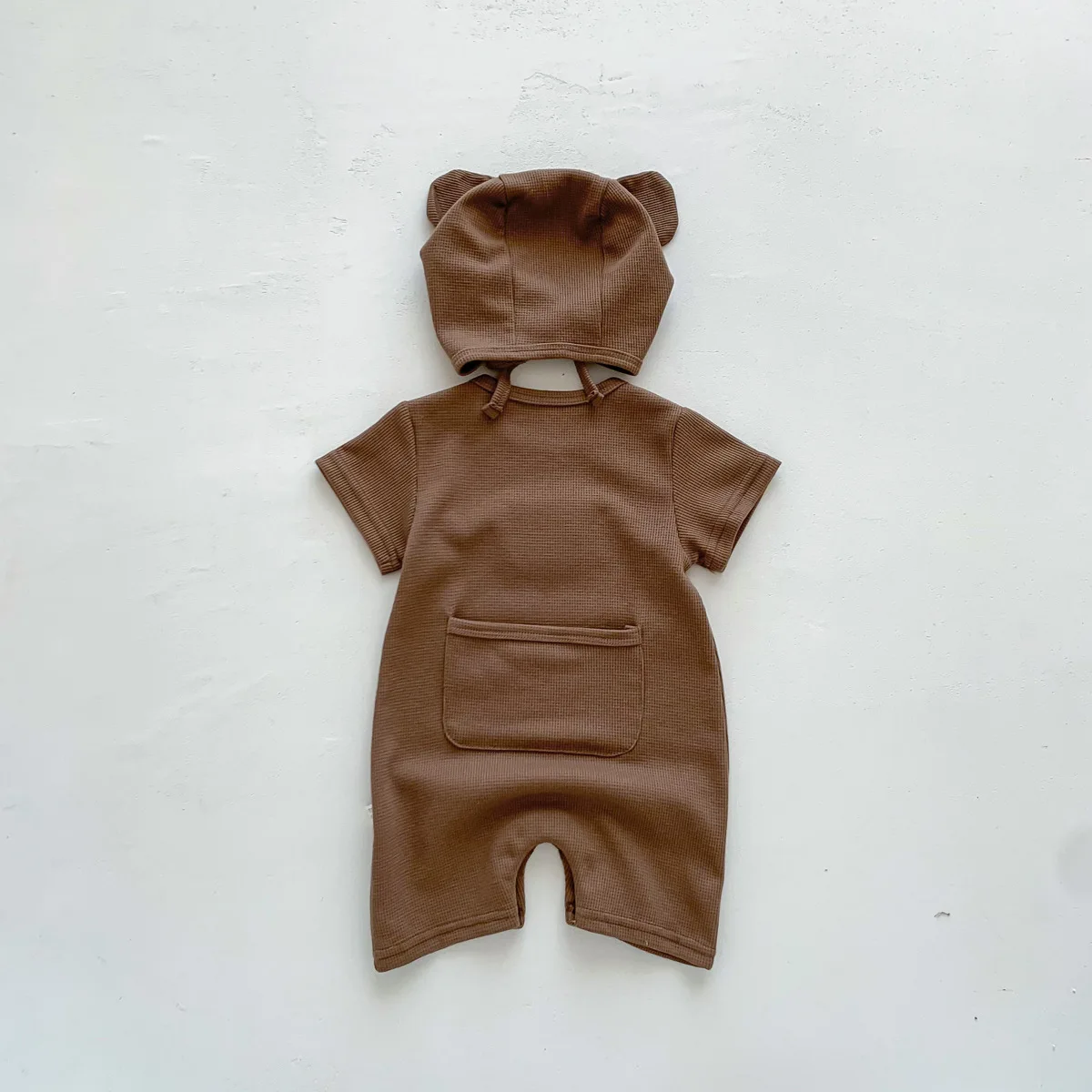 New In Summer Kids Baby Girls Boys Short Sleeve Waffle Patch Bear Infant Newborn Jumpsuits Cotton Romper Gift Hat with Ear thumbnail 4