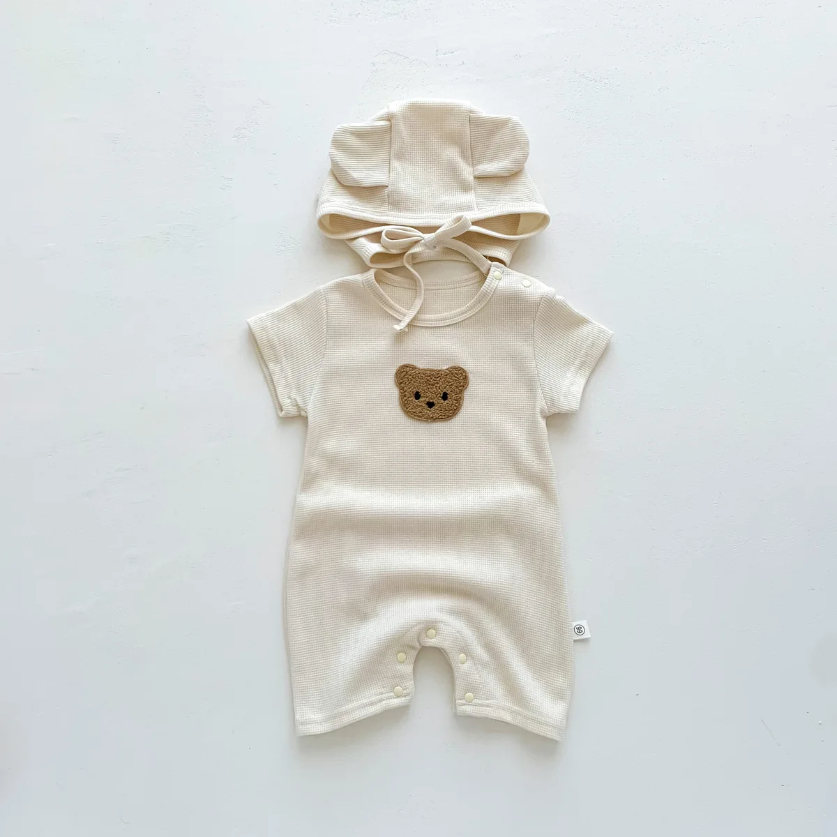 New In Summer Kids Baby Girls Boys Short Sleeve Waffle Patch Bear Infant Newborn Jumpsuits Cotton Romper Gift Hat with Ear thumbnail 3